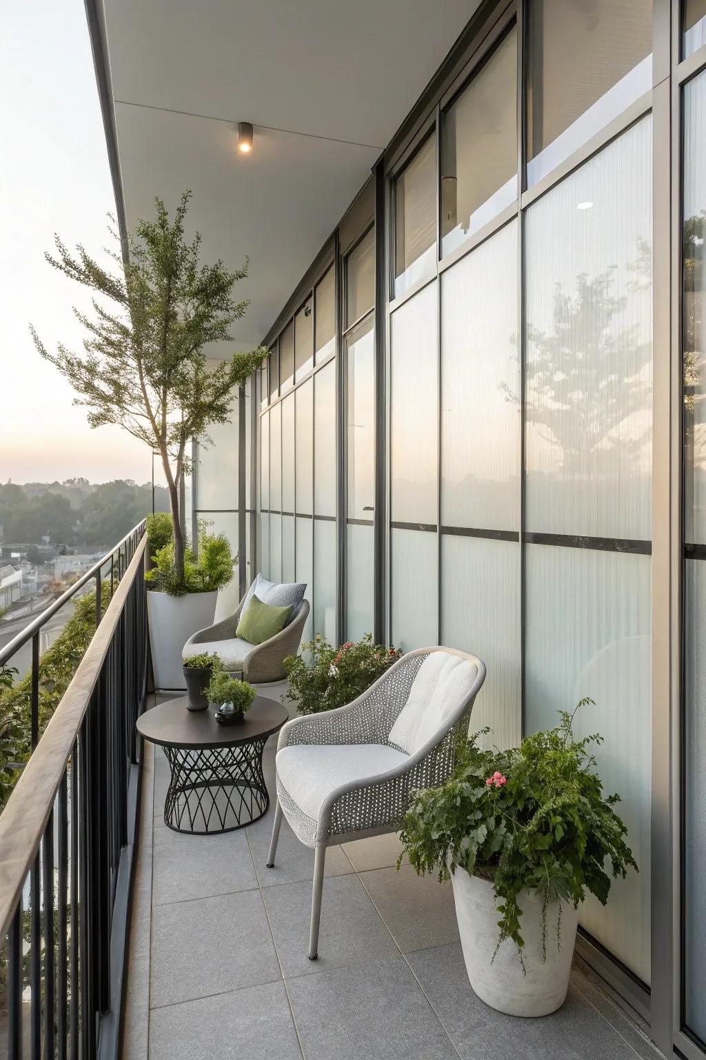 Balcony with frosted glass panels for a private yet bright space.