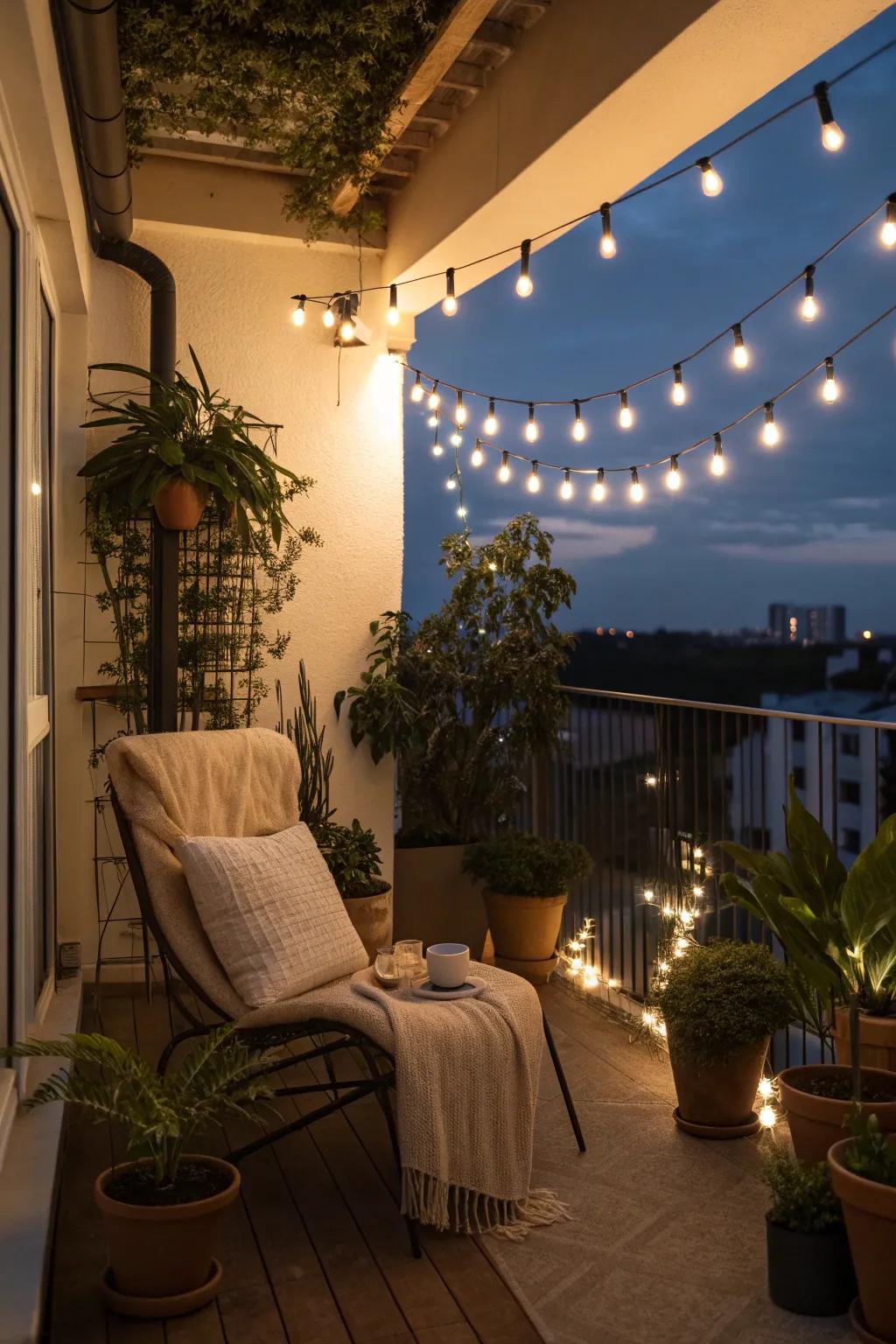 String lights add ambiance and a layer of privacy through soft illumination.