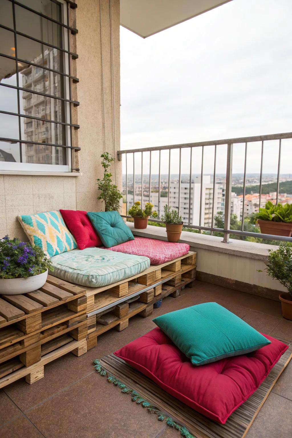 Pallet seating adds a rustic, eco-friendly touch.