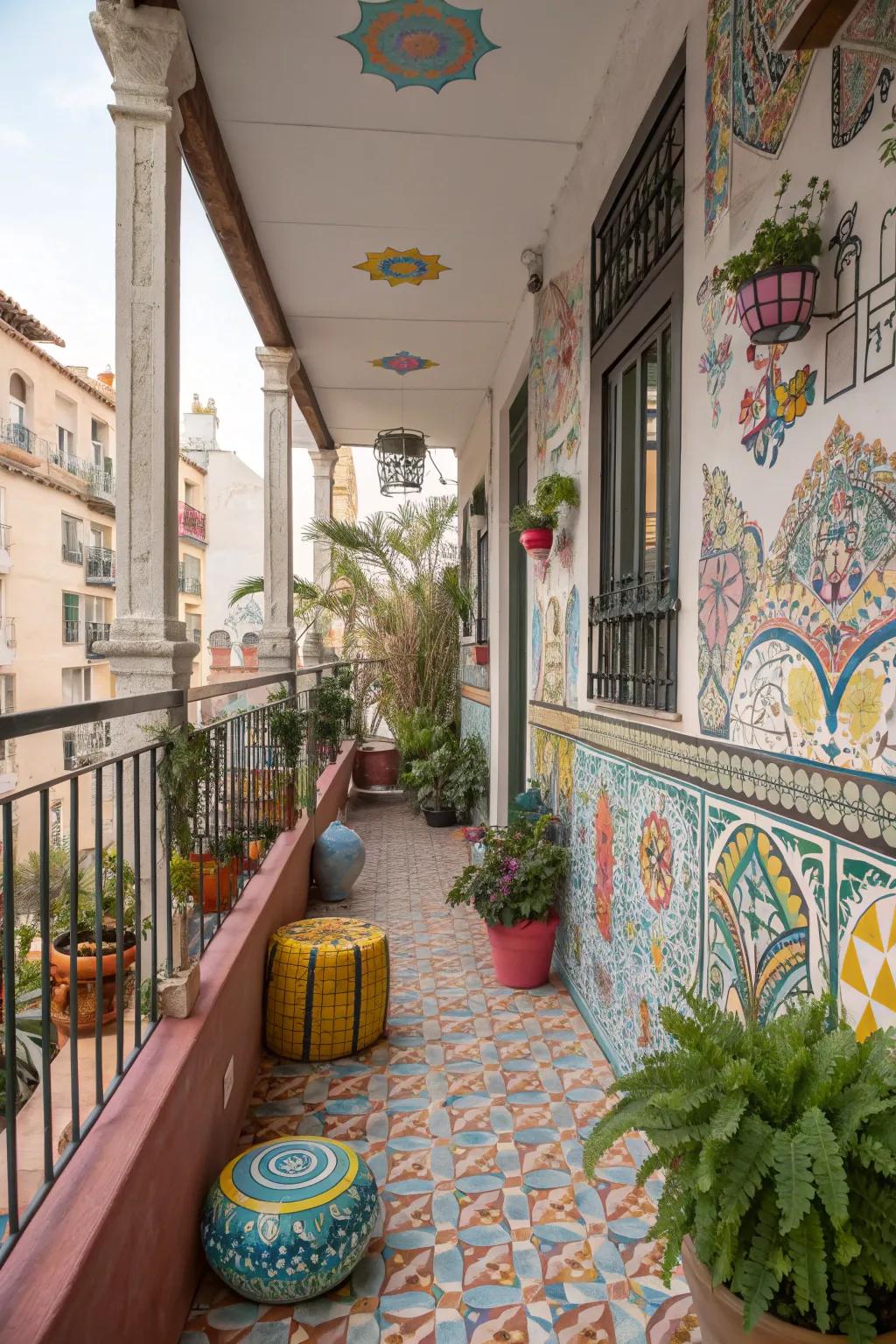 Mosaic tiles create a whimsical and artistic atmosphere on your balcony.