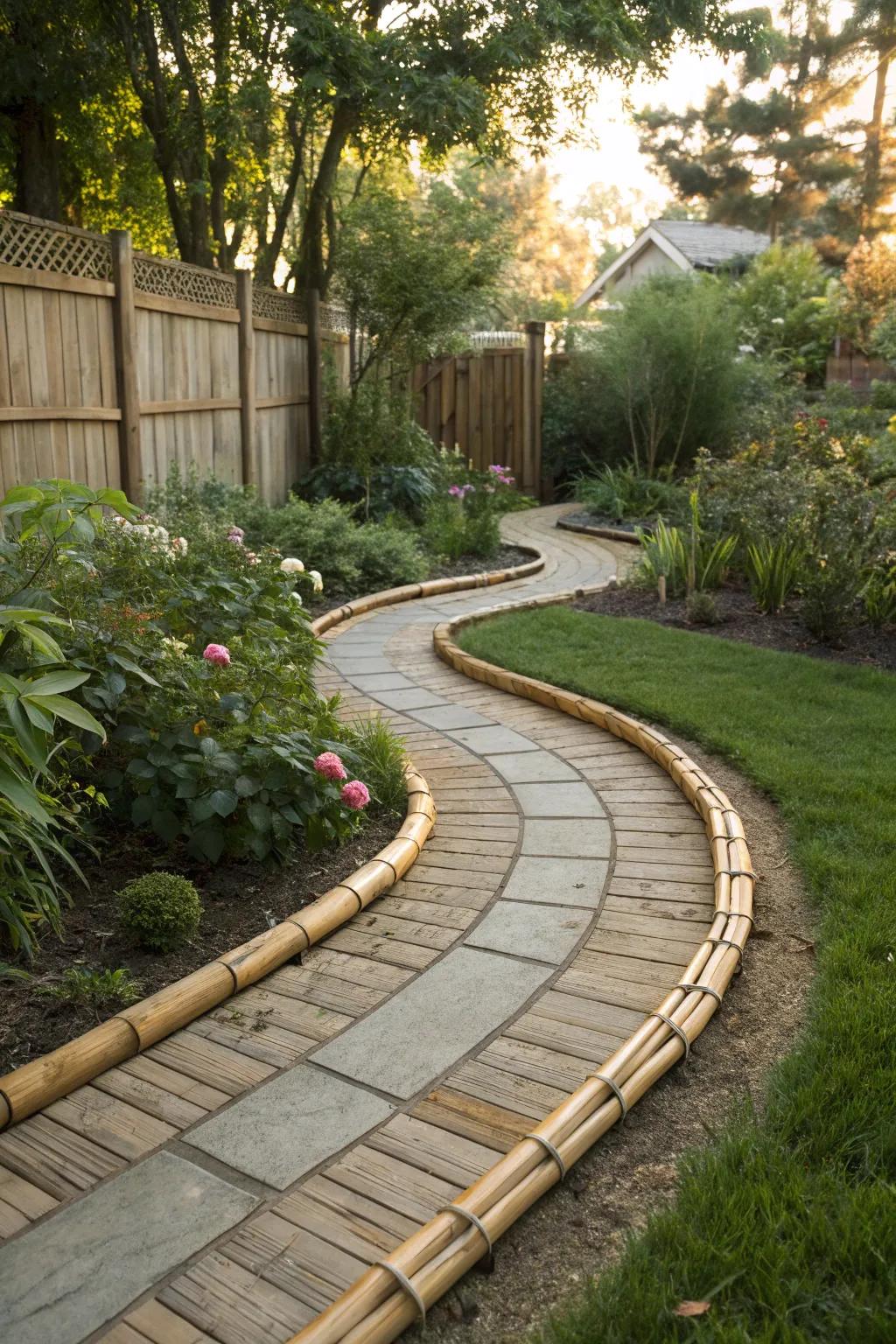 Whimsical curved bamboo garden edge.
