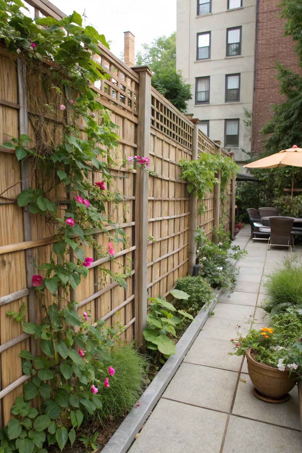 Combine privacy and greenery with a bamboo lattice fence.