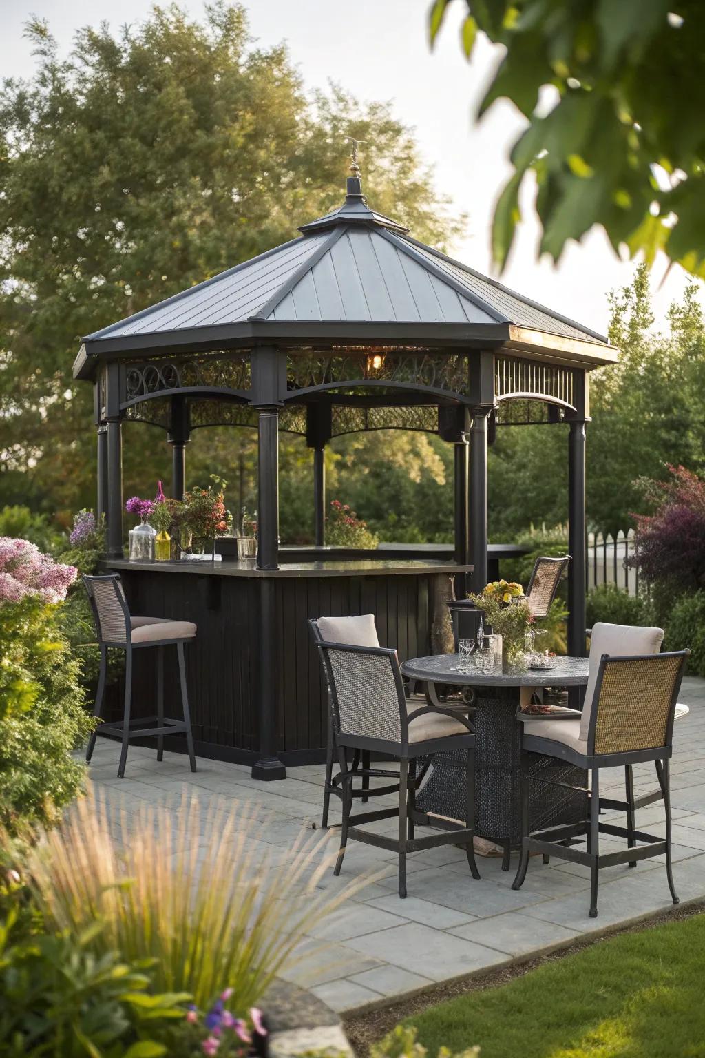 A convertible gazebo bar for flexible outdoor gatherings.