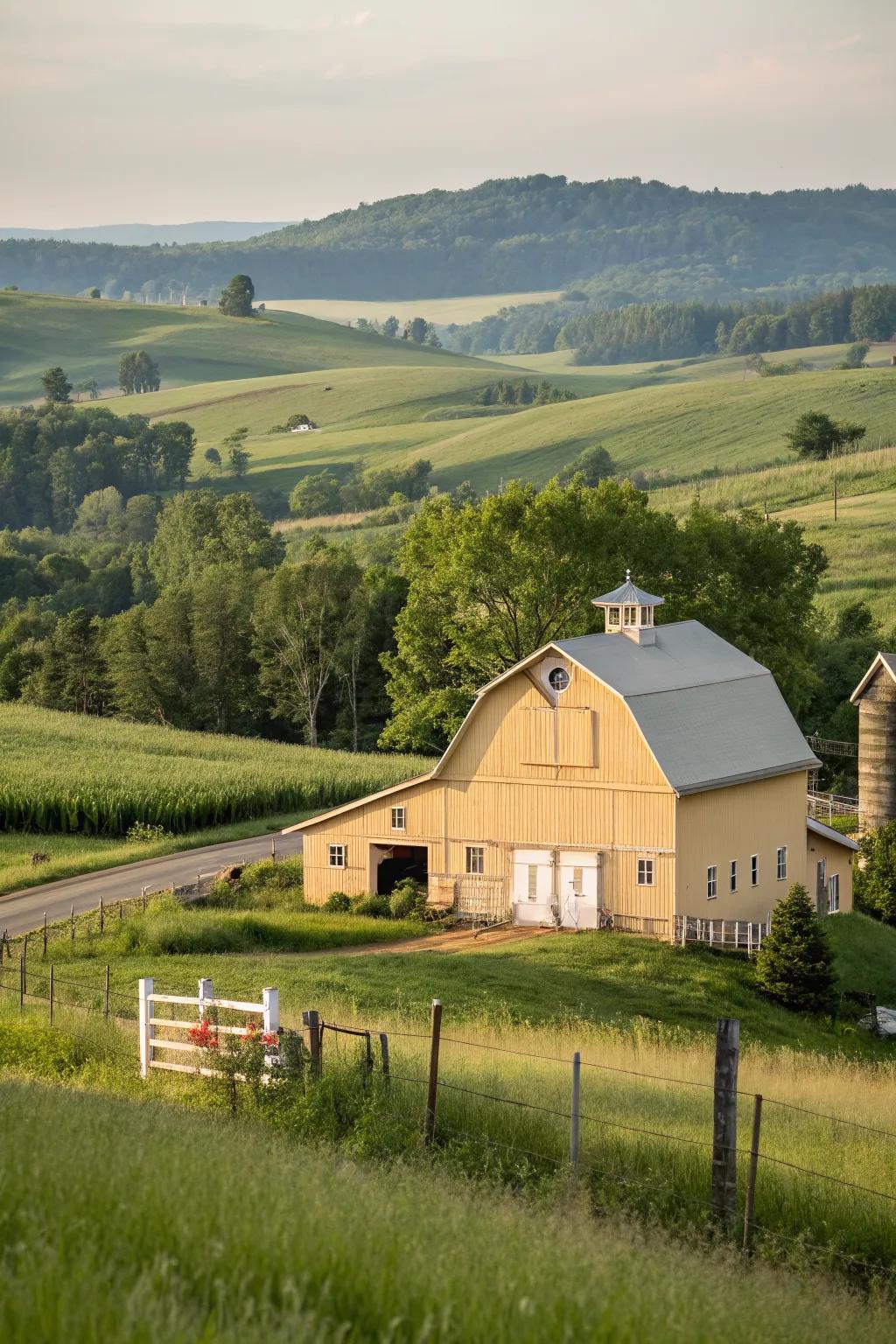 A warm beige barn nestled in the countryside for a cozy vibe.