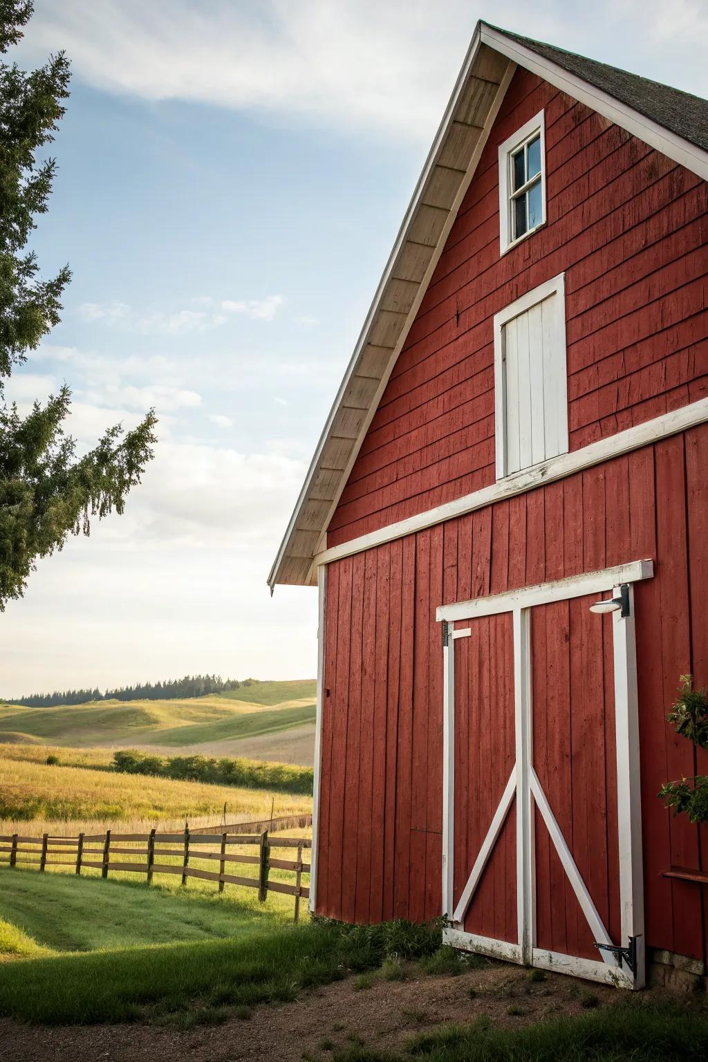 A barn with contrasting colors that highlight its architecture.