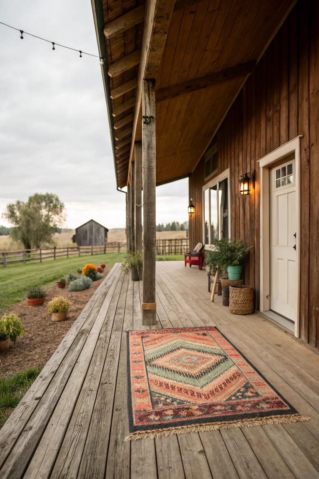 A barn porch featuring a cozy outdoor rug, adding warmth and style.