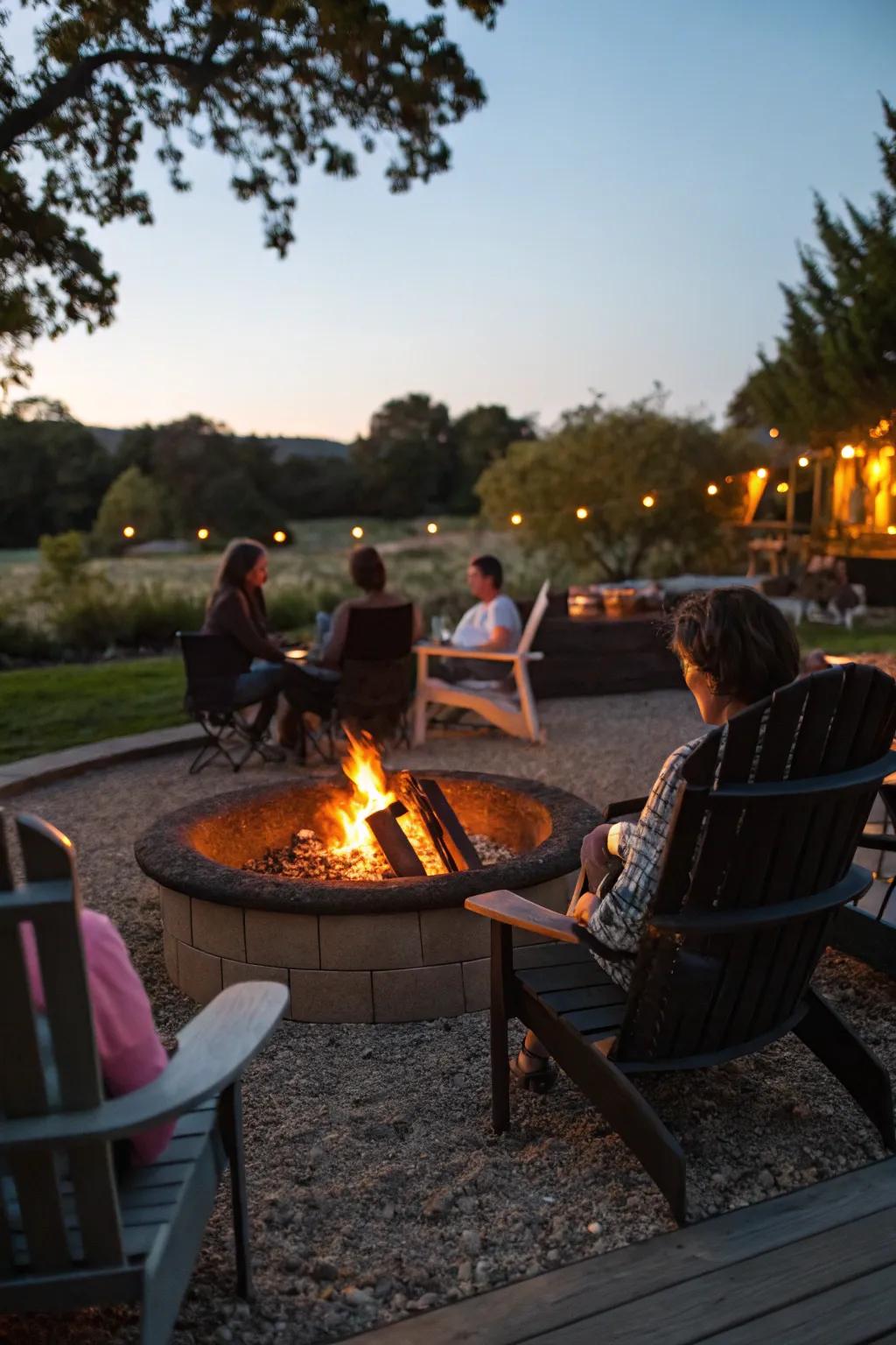 A fire pit serves as a cozy centerpiece for evening gatherings.