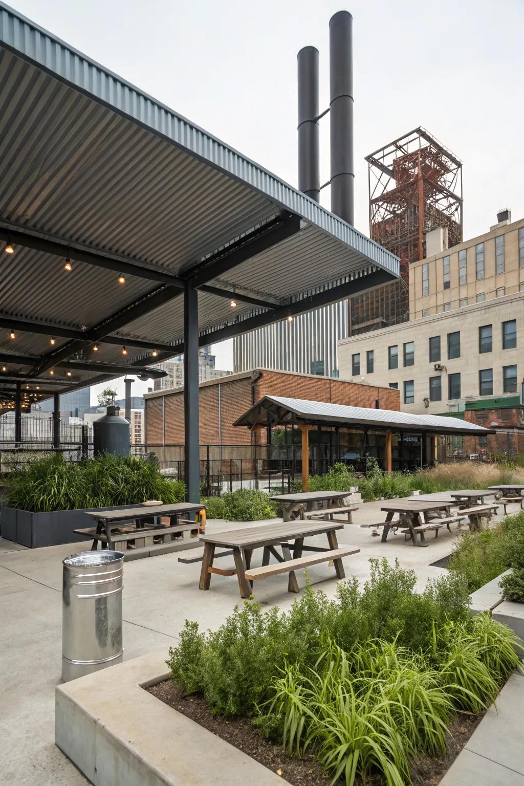 Introduce an industrial vibe with a corrugated metal roof.