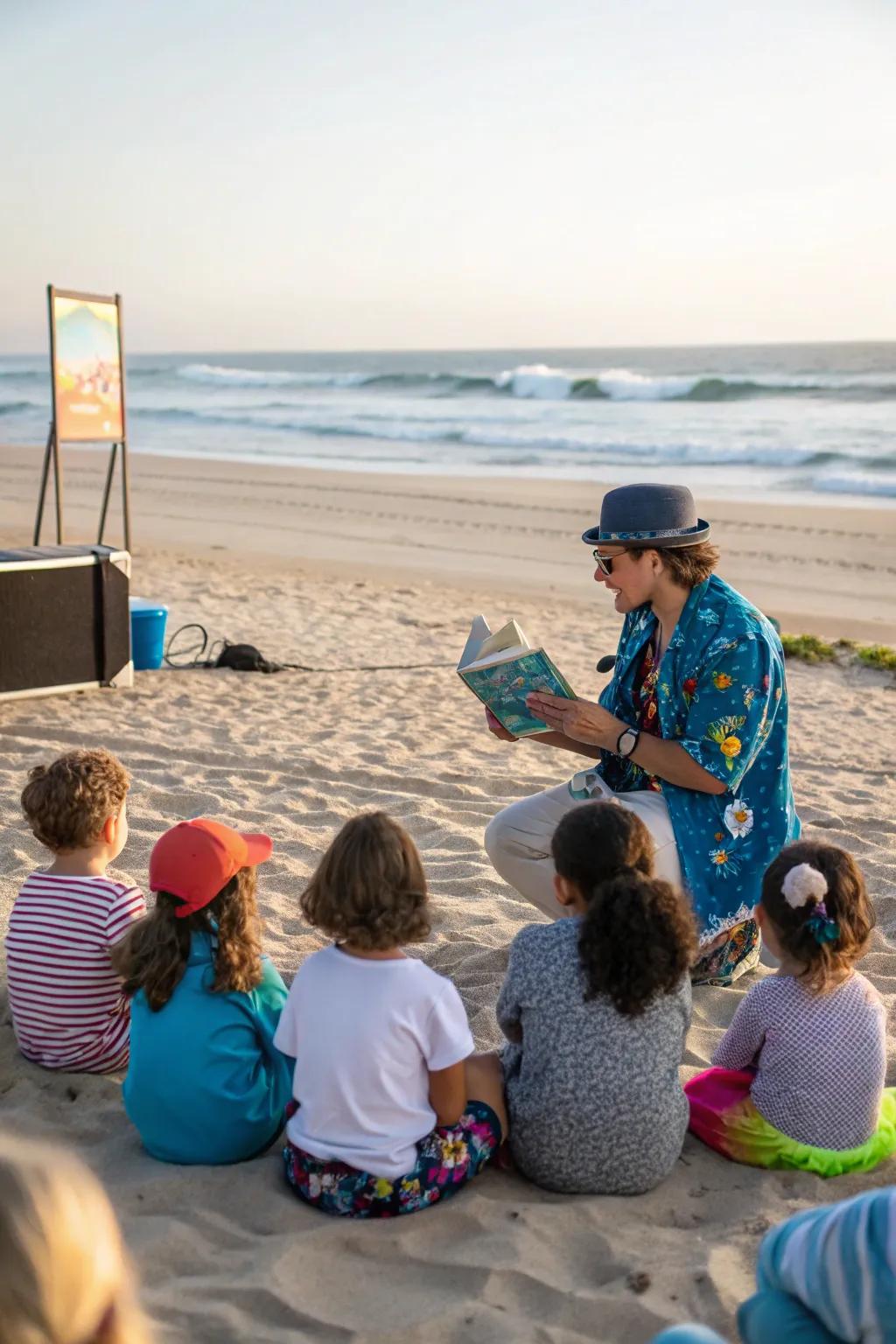 Kids captivated by interactive beachside story time.