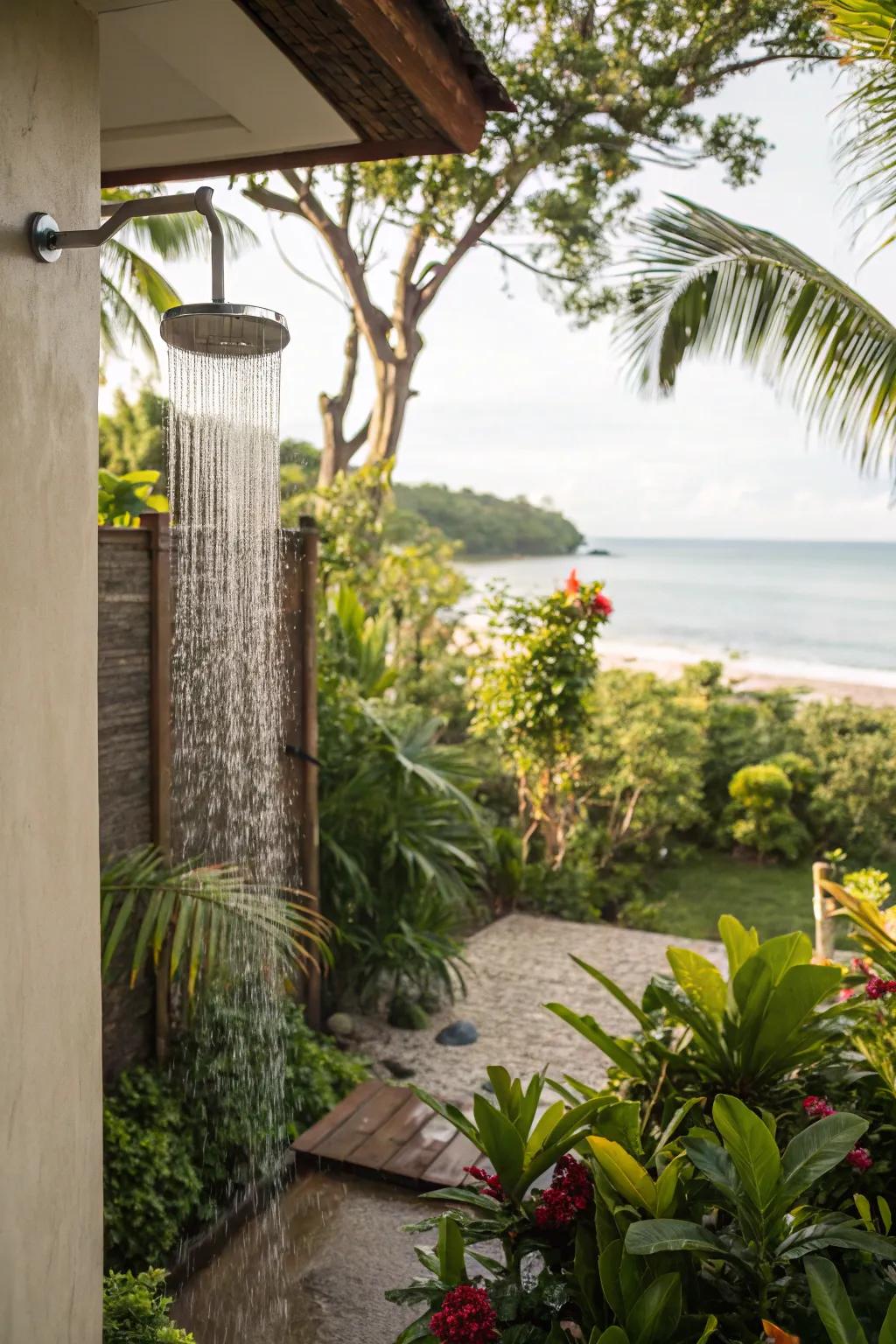 A rainfall shower head adds a touch of luxury to this outdoor shower.