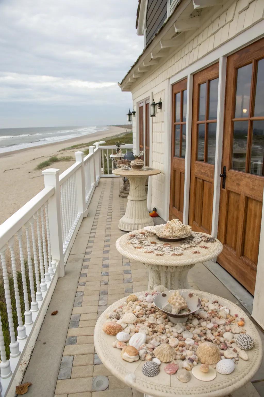 A beach house patio adorned with charming shell decor.