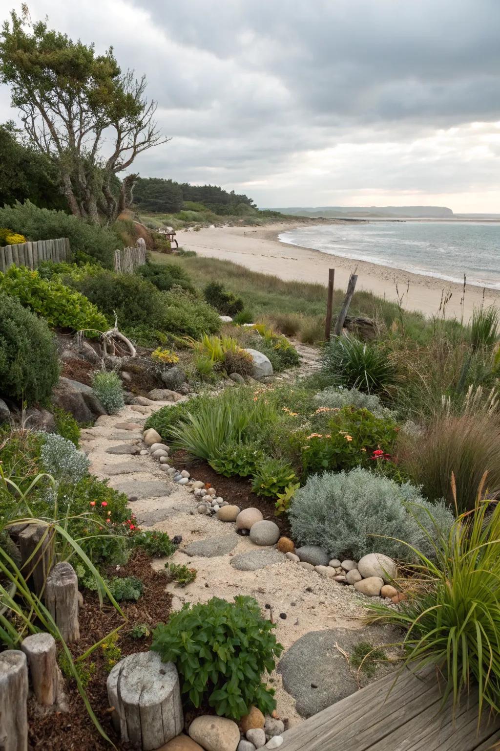 A garden that blends seamlessly with its natural beach surroundings.