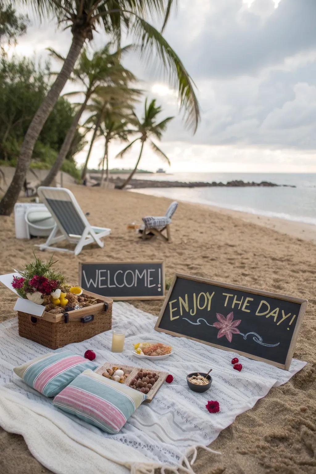 Personalized signs add a heartfelt touch to your beach picnic.