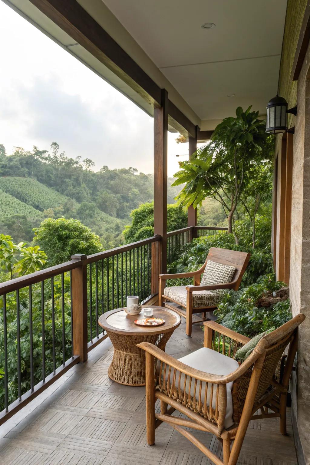 Natural materials create an earthy and inviting balcony space.
