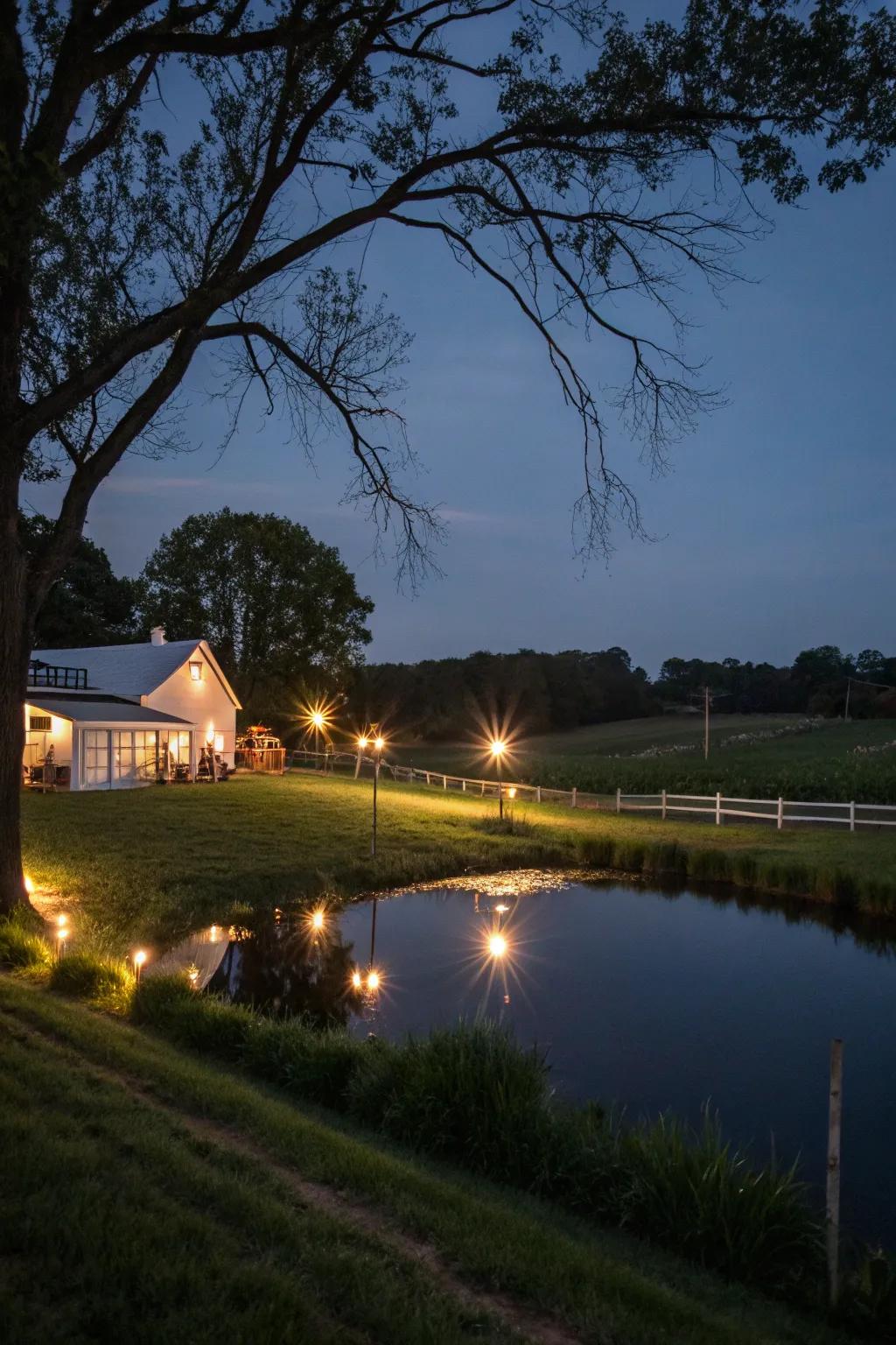 Soft lighting around the pond creates a magical nighttime atmosphere.