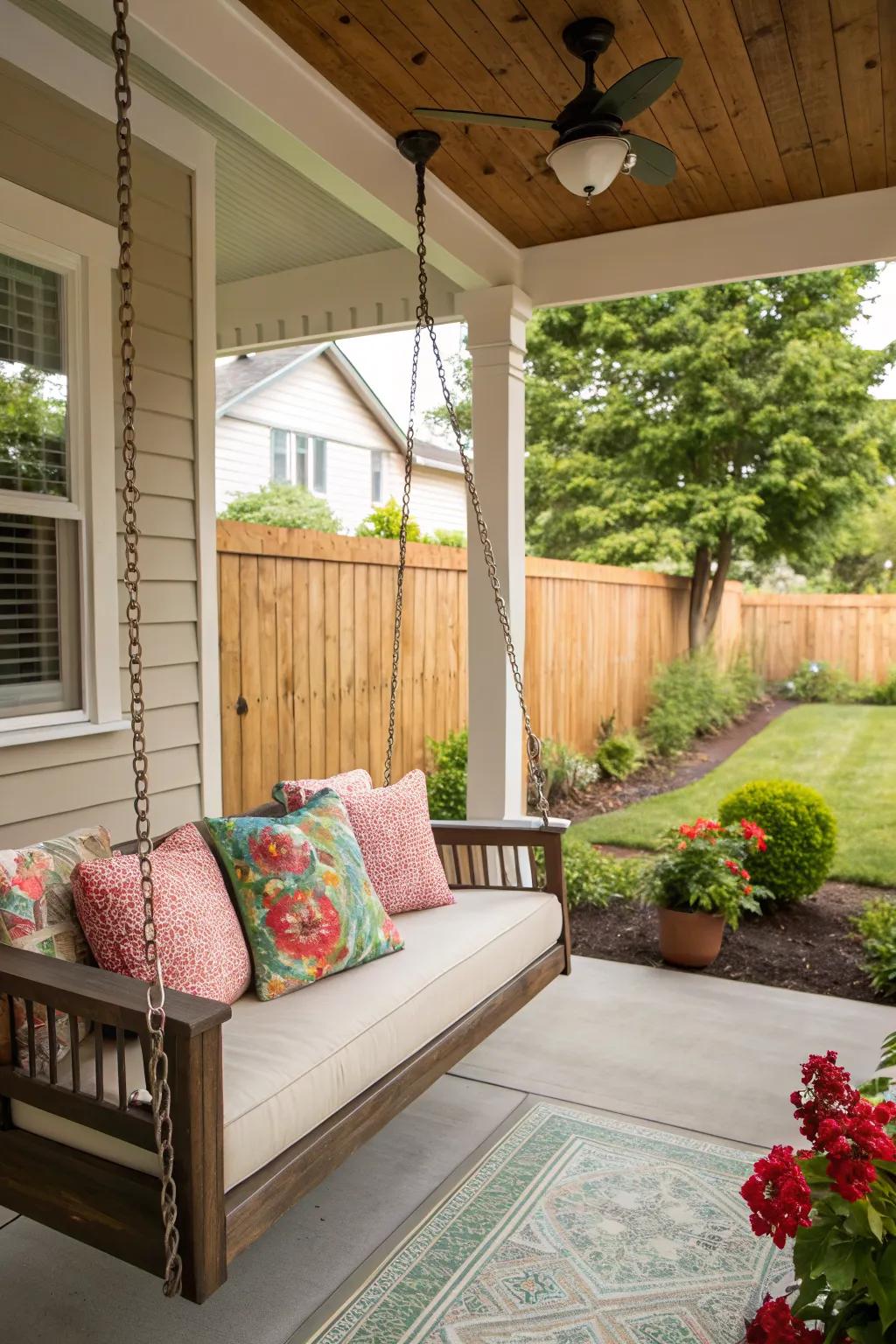 A porch swing invites relaxation and nostalgia.