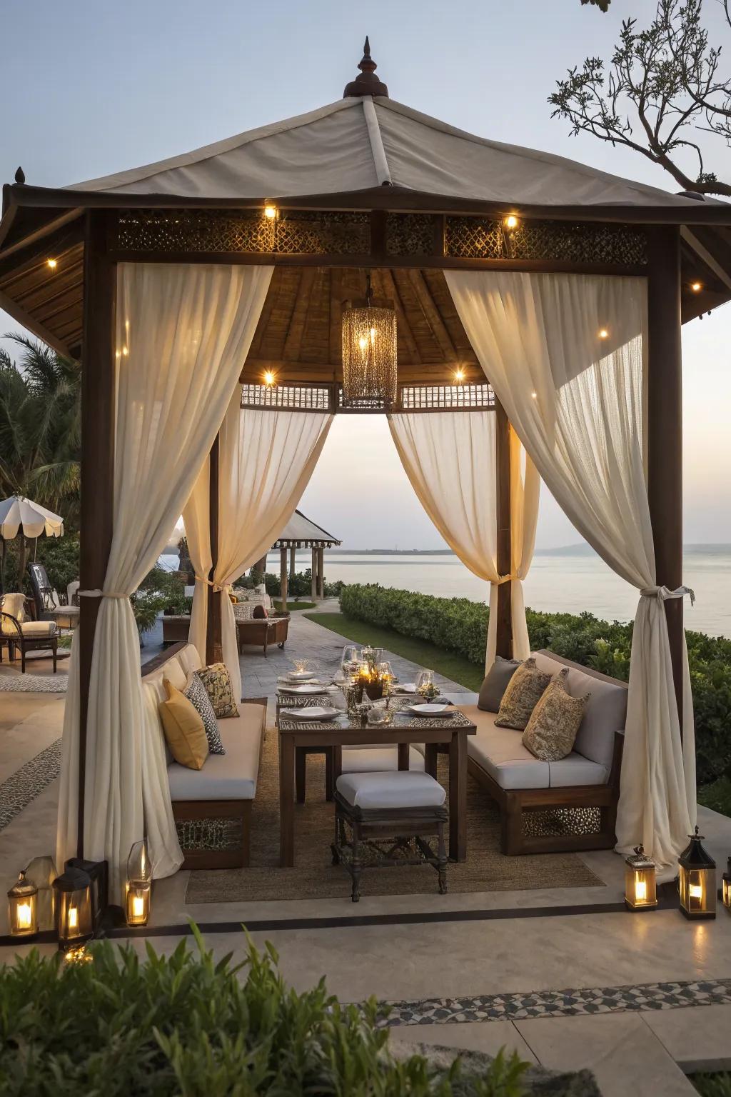 A multi-functional gazebo designed for relaxation and entertainment.