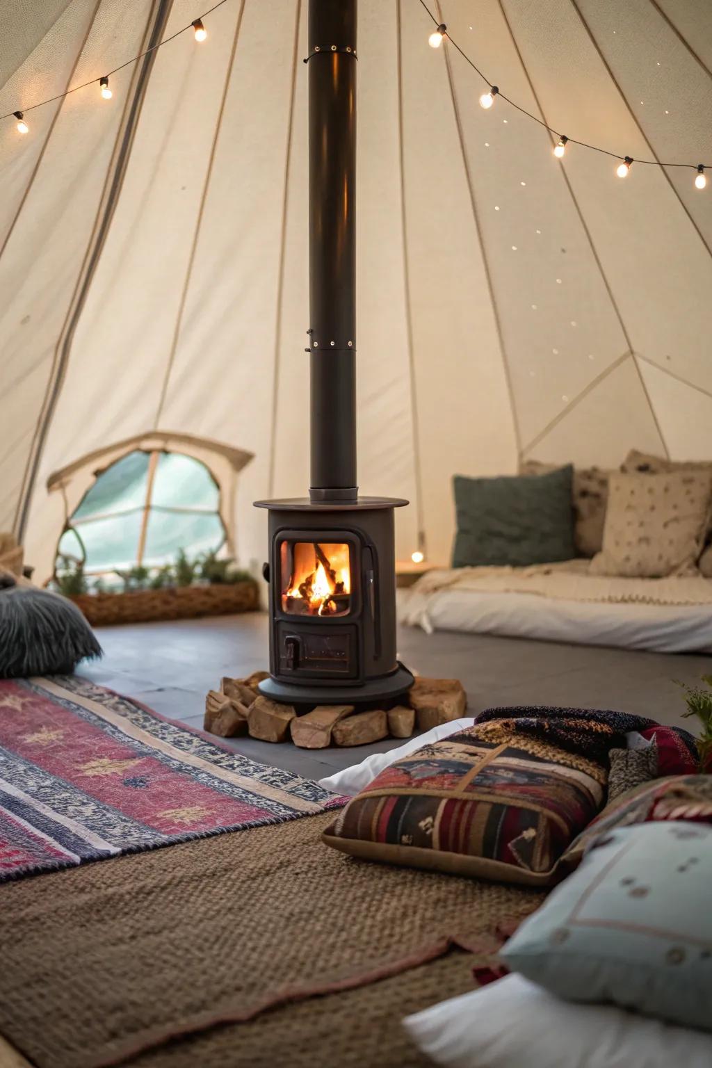 A portable fireplace adds warmth and charm.