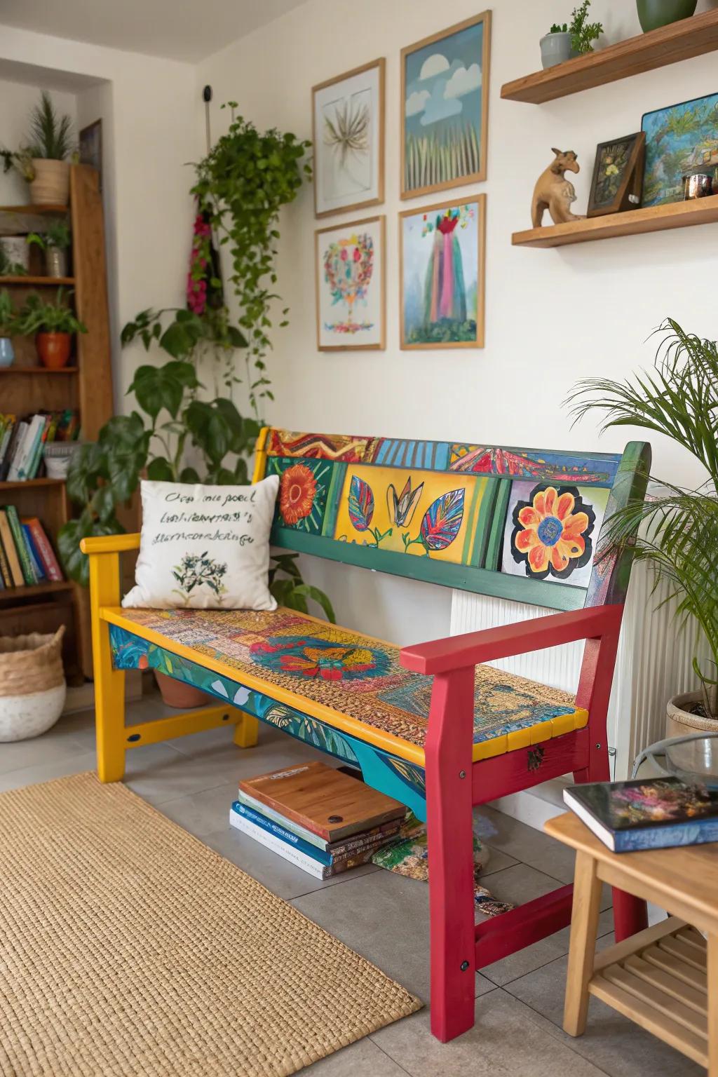 A painted bench adds a splash of personality.