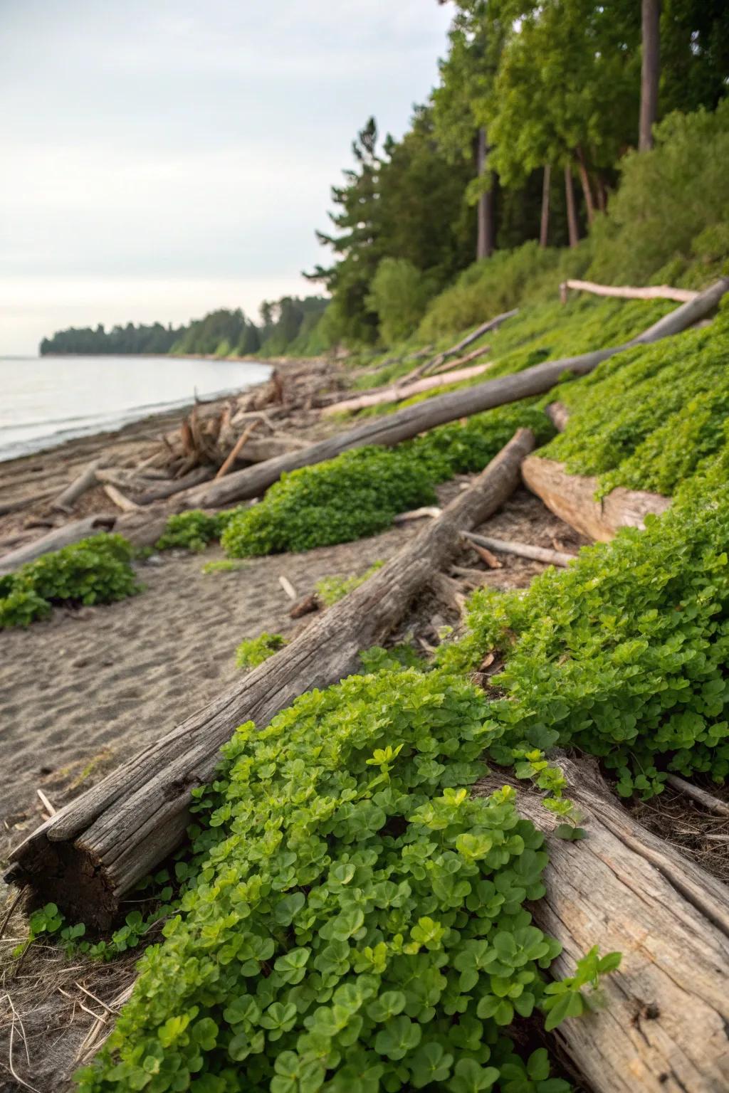 Driftwood adds sculptural interest to this creatively designed berm.