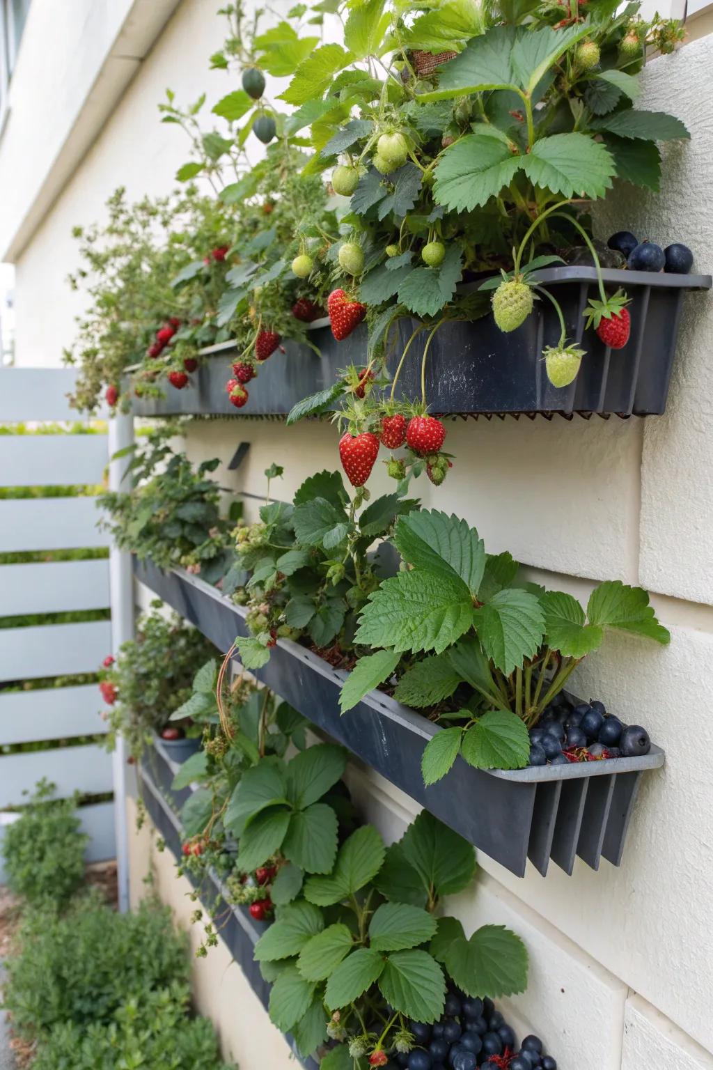 A vertical garden showcasing wall-mounted planters brimming with berries.