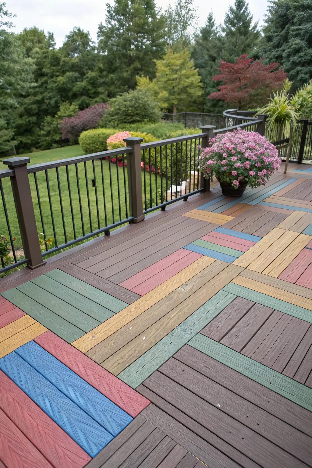 A deck showcasing vibrant composite decking for a personalized touch.