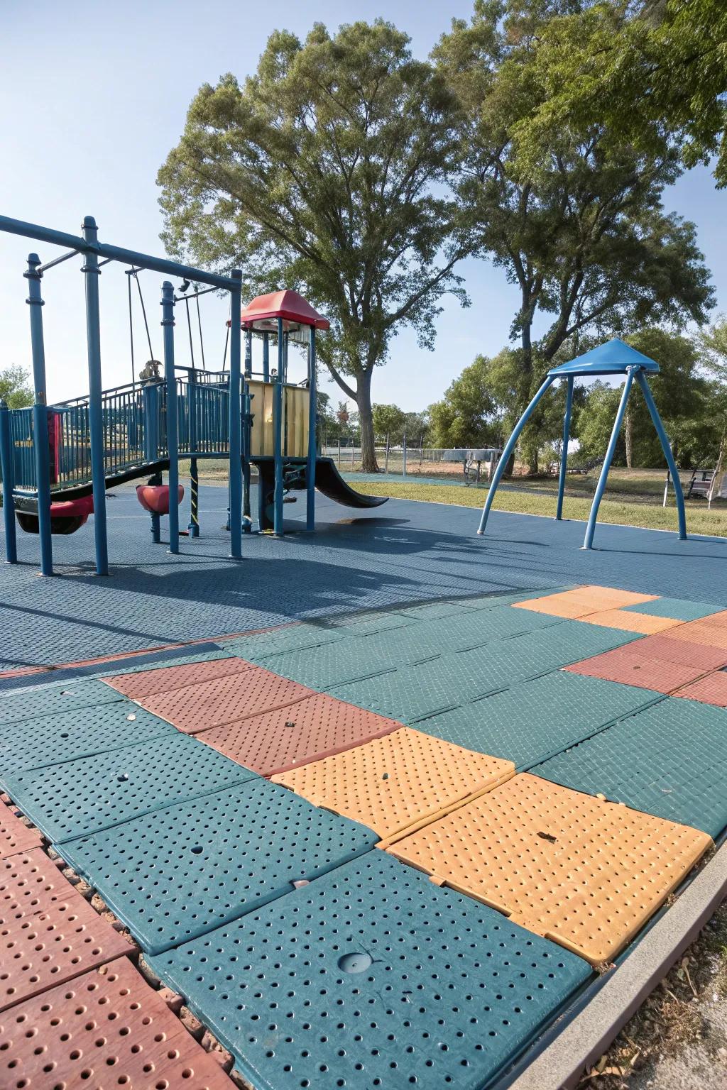 Perforated PVC tiles are a flexible, easy-to-install playground option.