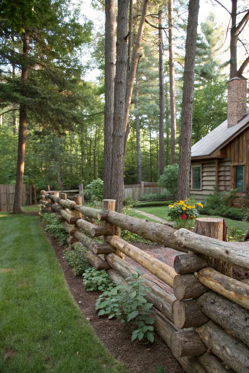 Rustic log fences add a cozy, cabin-like charm.