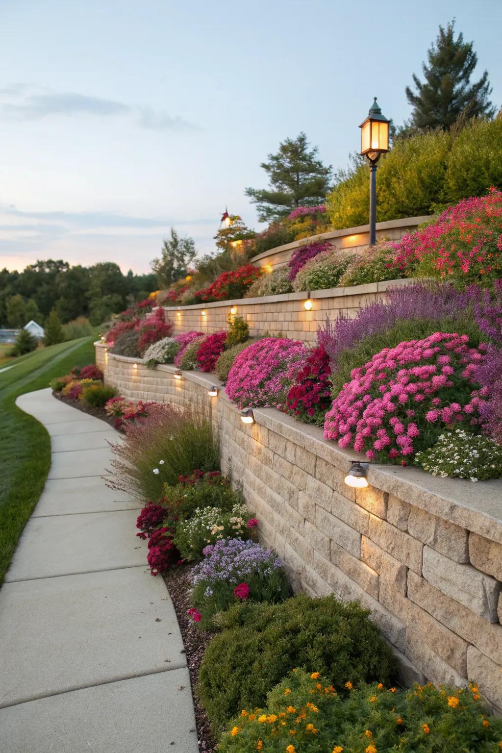 Layered planting adds depth and vibrant color to retaining walls.