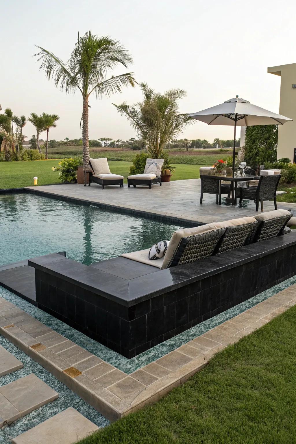 Black bottom pool adding drama and sophistication.