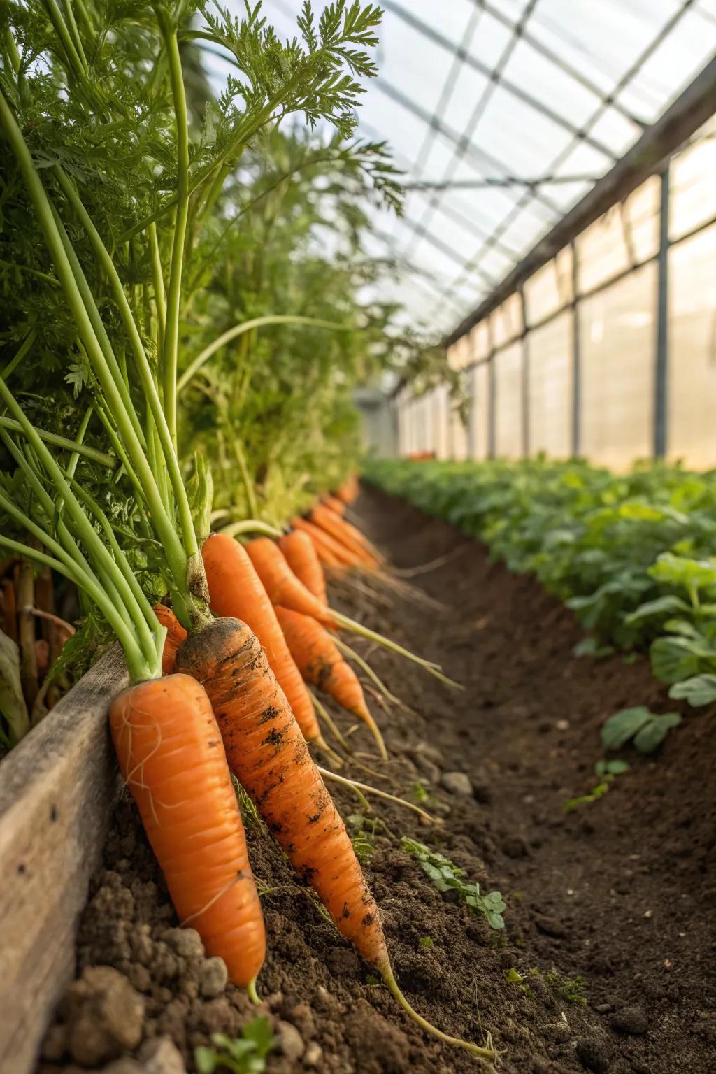 Sweet carrots peeking from the soil, ready to be pulled and enjoyed.