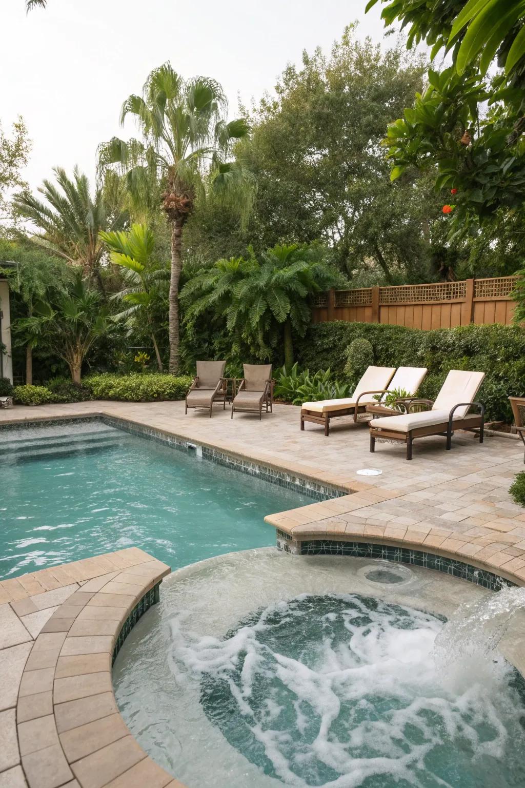 Enhance relaxation with a hot tub addition to your pool area.