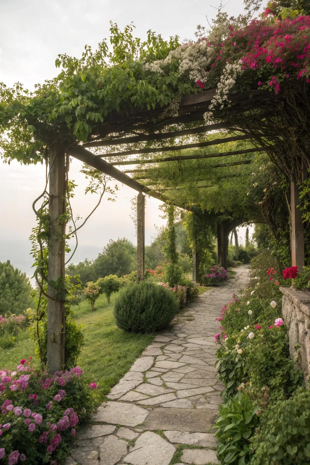 A pergola adorned with climbing plants offering a shaded garden retreat.