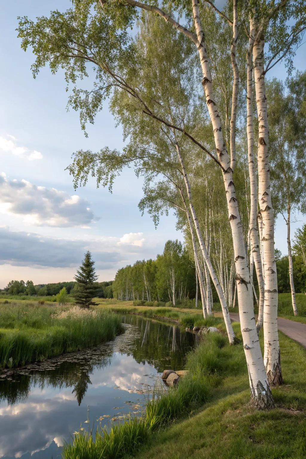 Birch trees paired with water features create a tranquil garden oasis.
