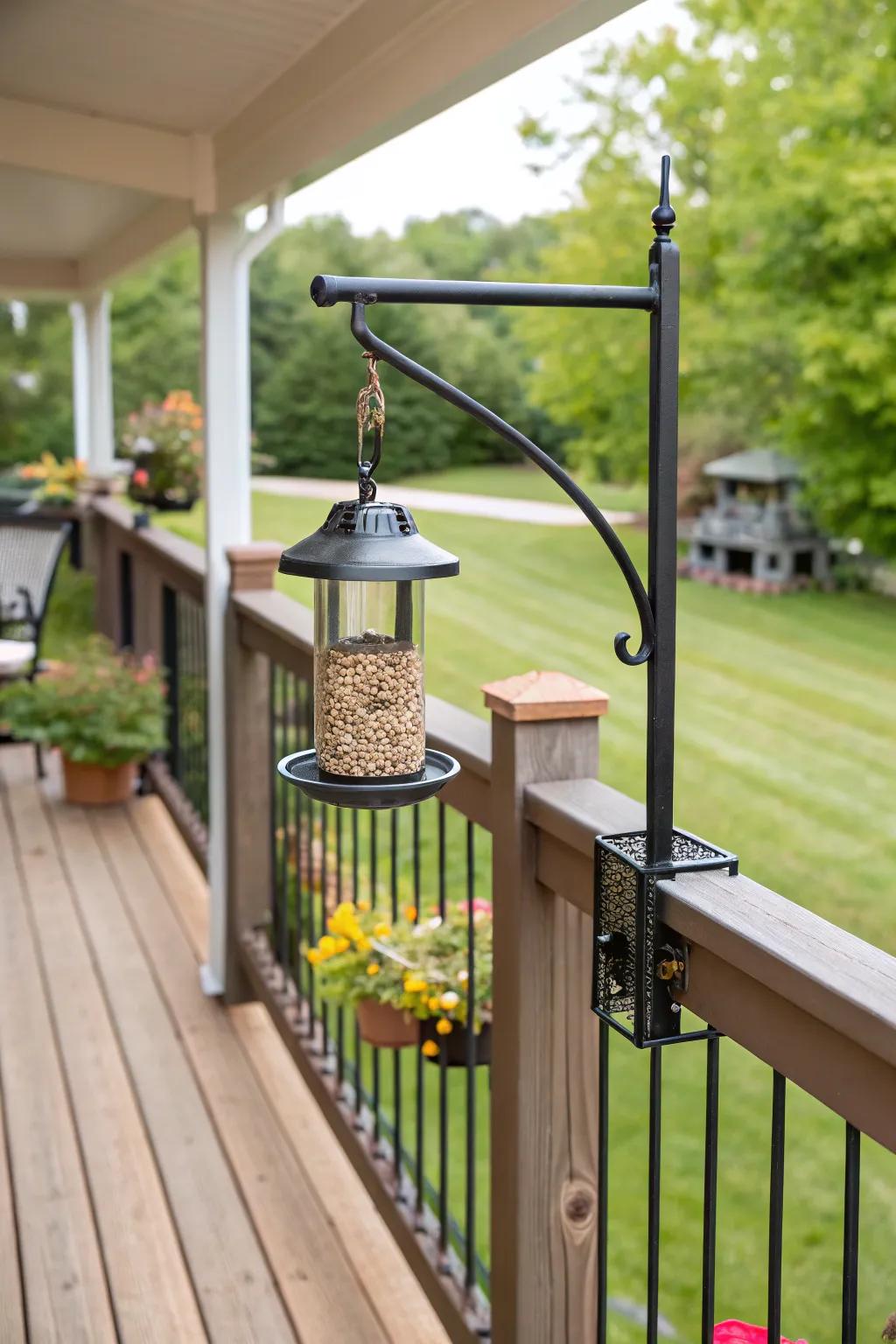 Deck mount brackets enhance patio birdwatching.