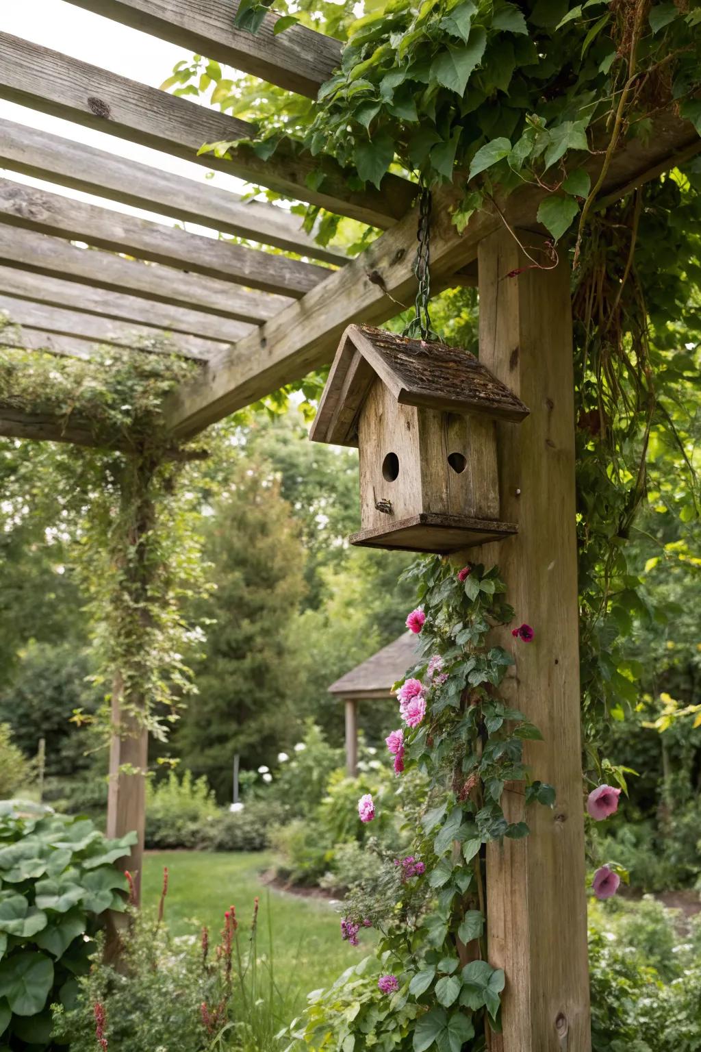 A pergola-mounted birdhouse brings vertical charm to outdoor spaces.