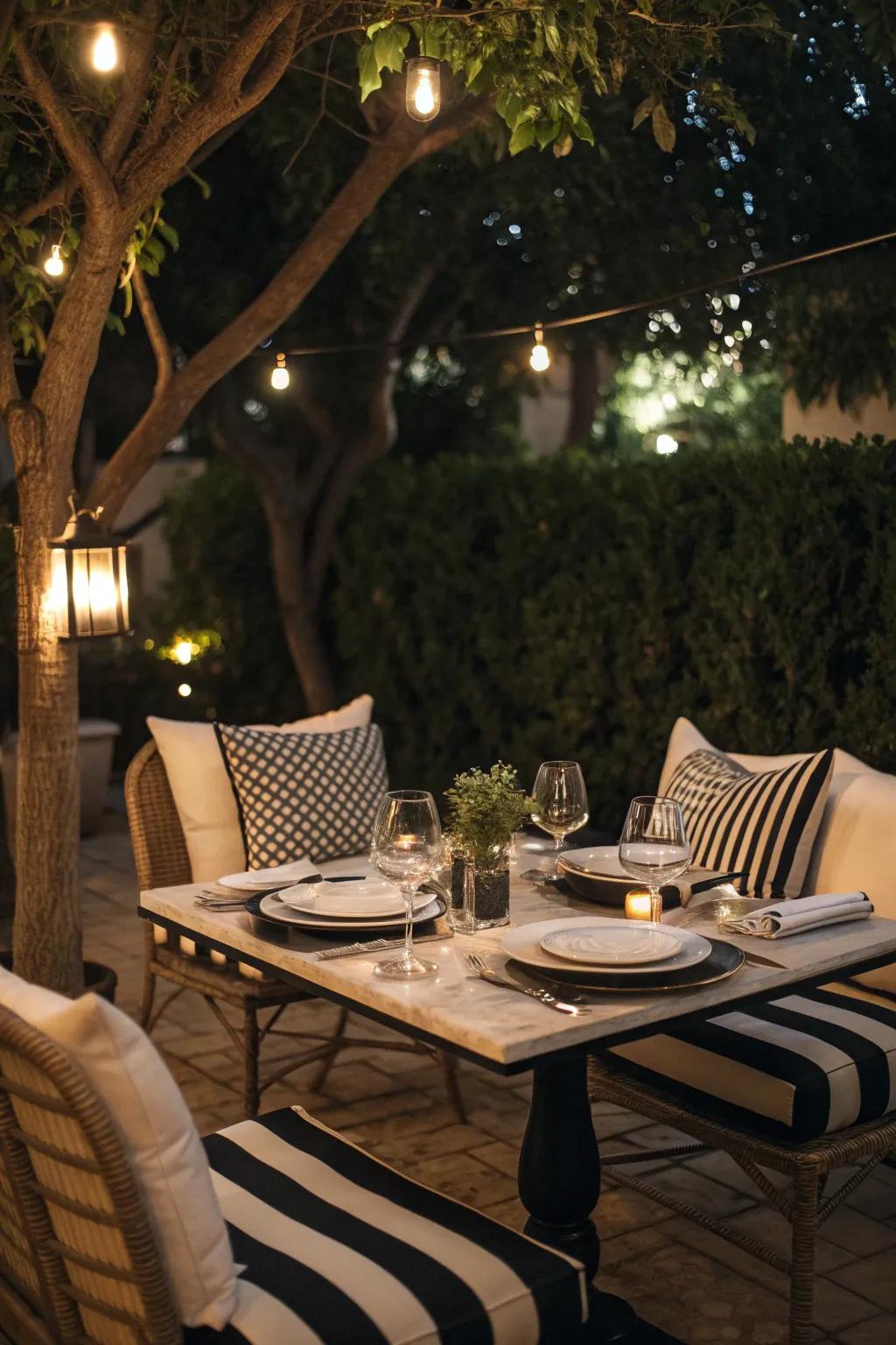 An intimate bistro setup with chic striped cushions.