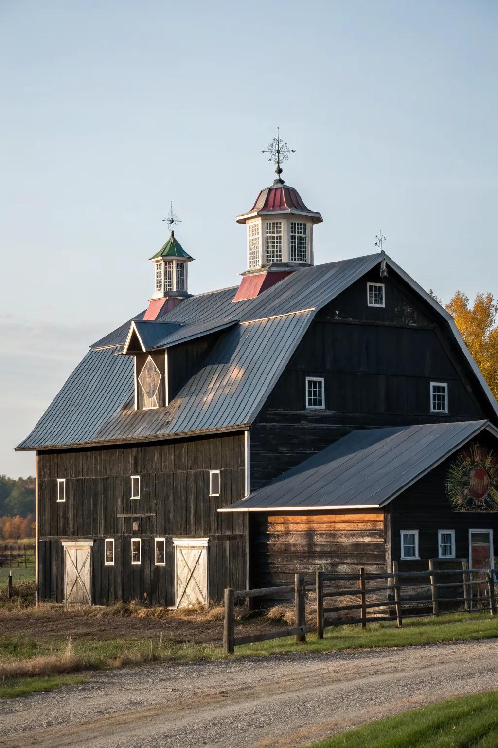 A black barn showcasing diverse roof styles.