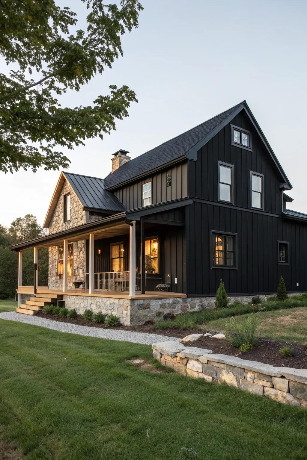 Modern farmhouse charm with a bold black exterior.