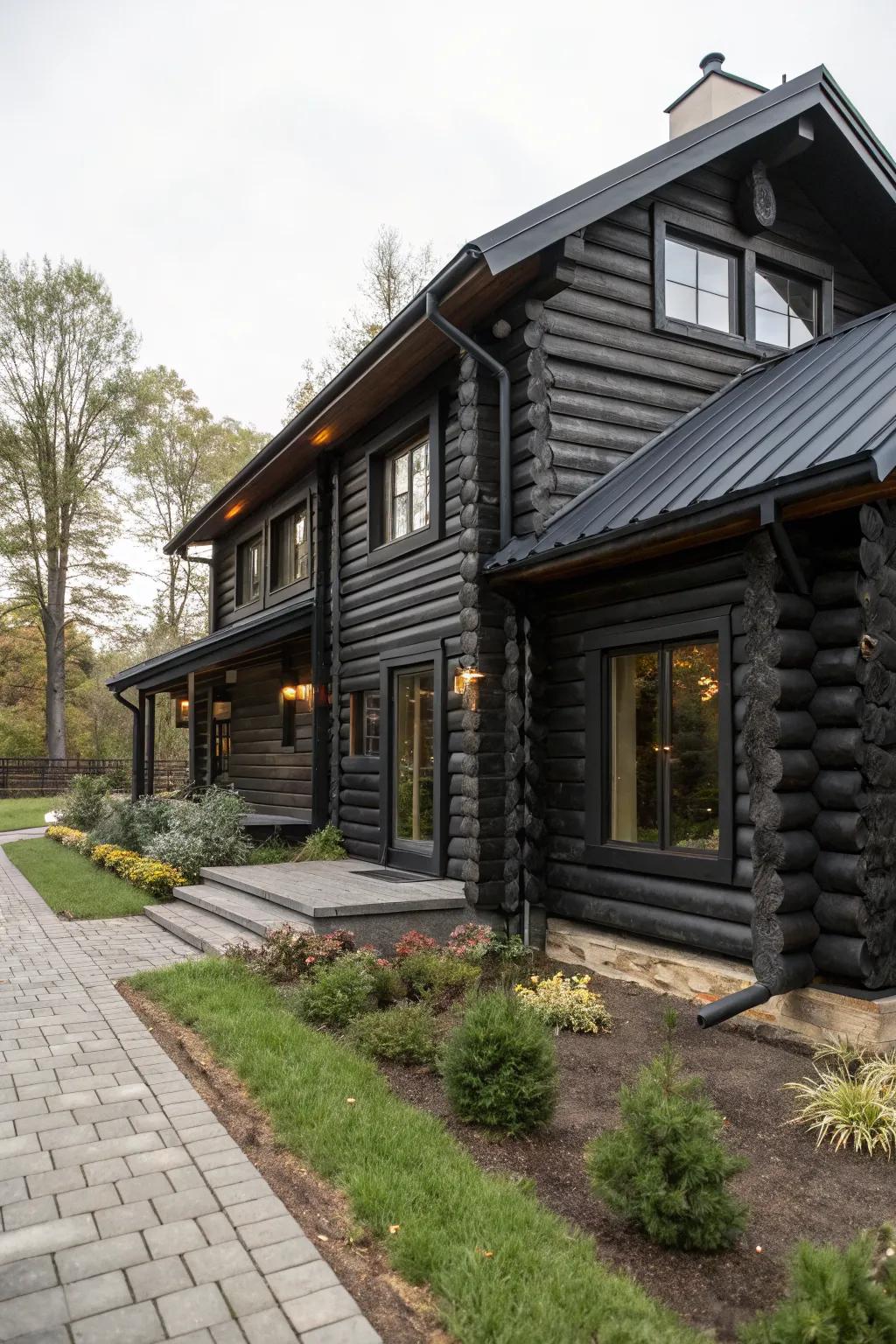 A rustic black exterior offers a modern twist on traditional design.