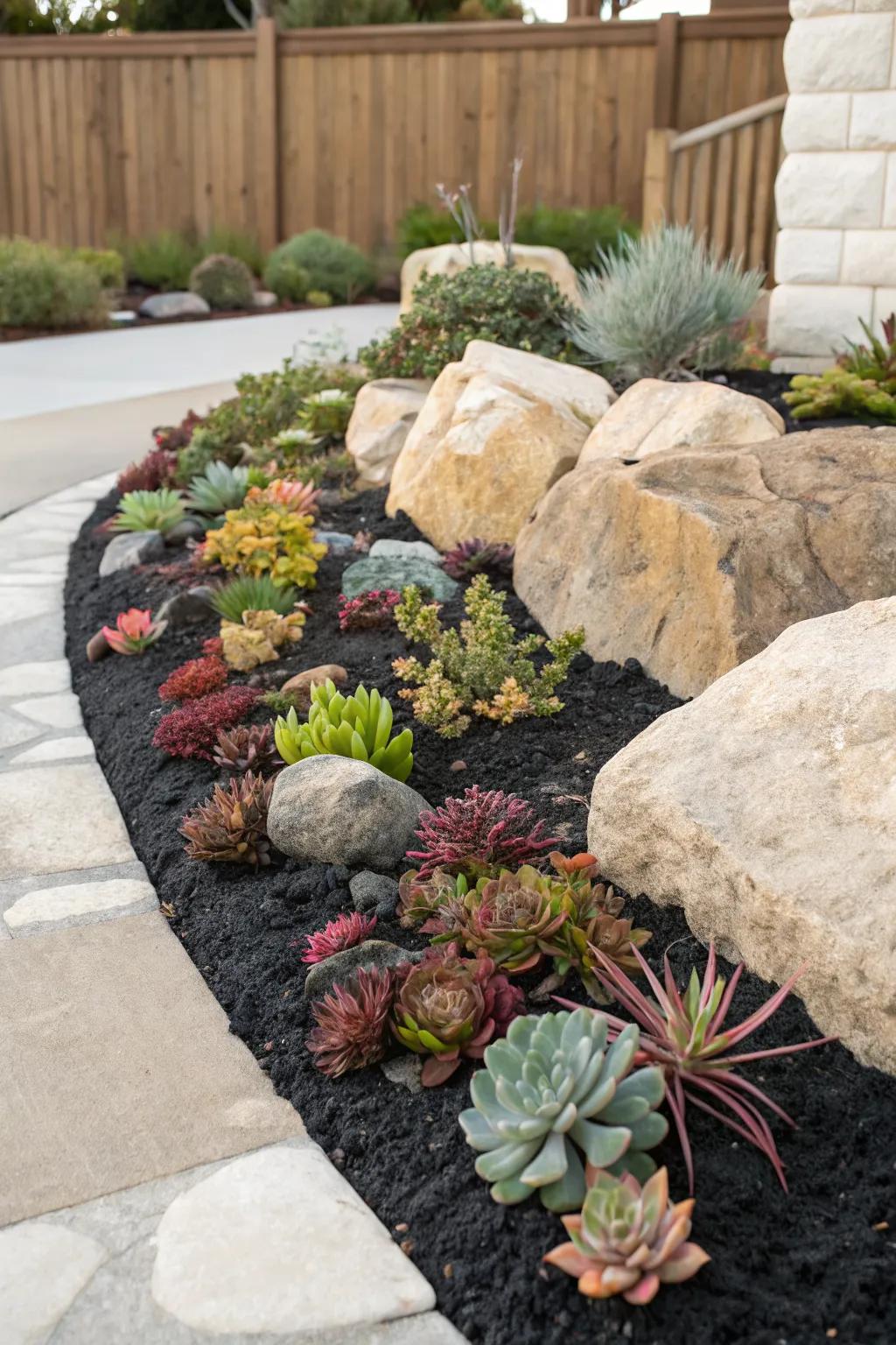 Low-maintenance succulent garden with black mulch accents.