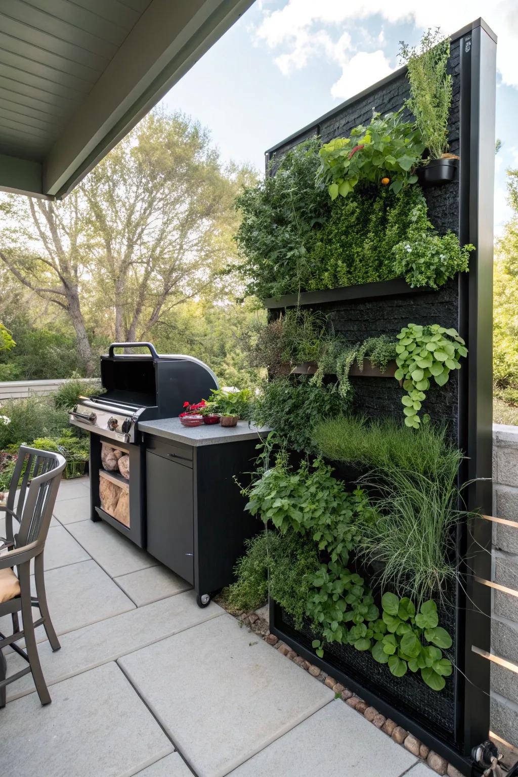 A vertical herb garden brings freshness and convenience.