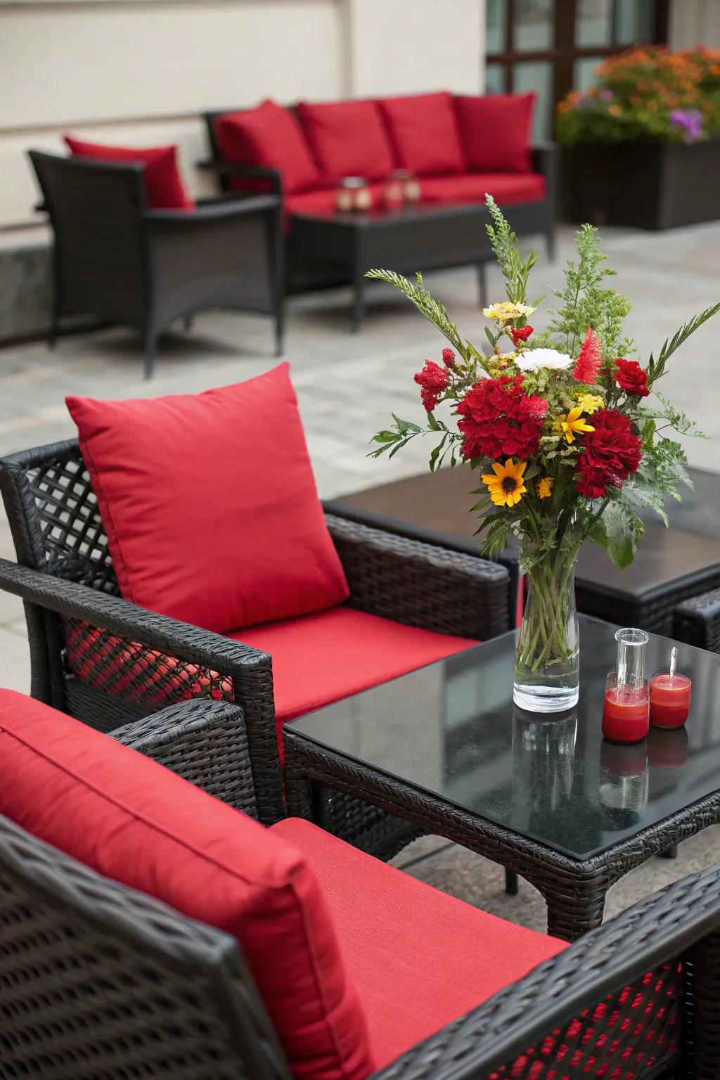 Bold color accents add vibrancy to black patio furniture.