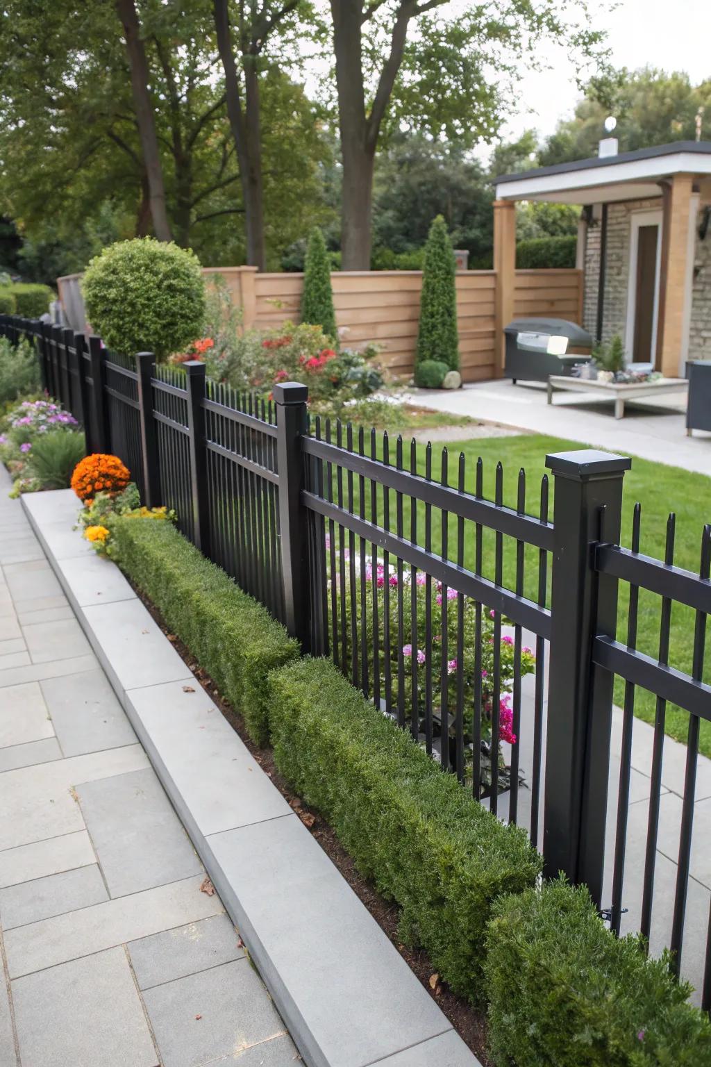 A blend of materials gives depth to a black fence.