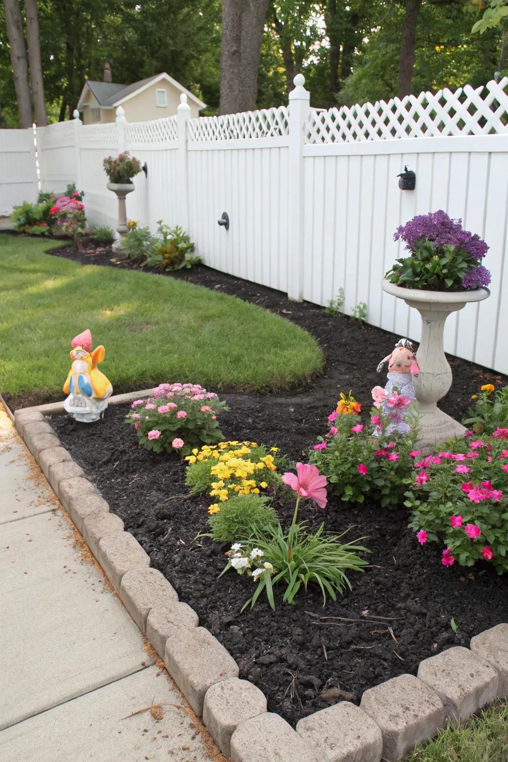 A cozy corner garden enhanced by black rubber mulch.