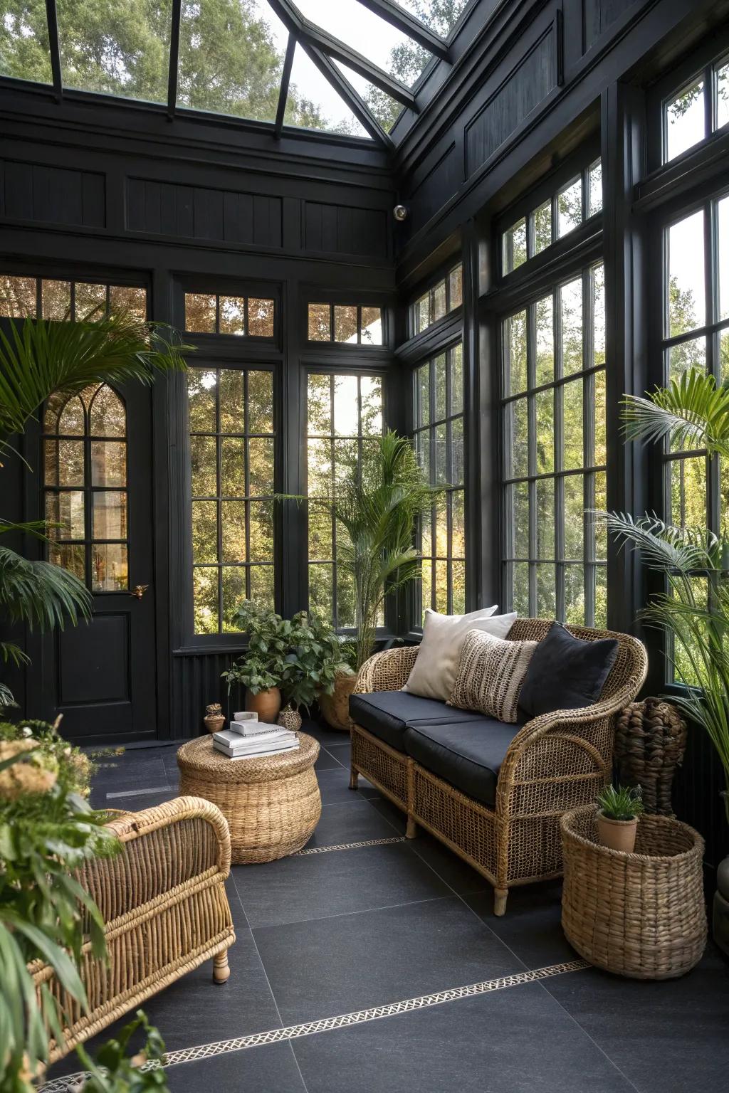 Natural materials add warmth and charm to a bold black sunroom.