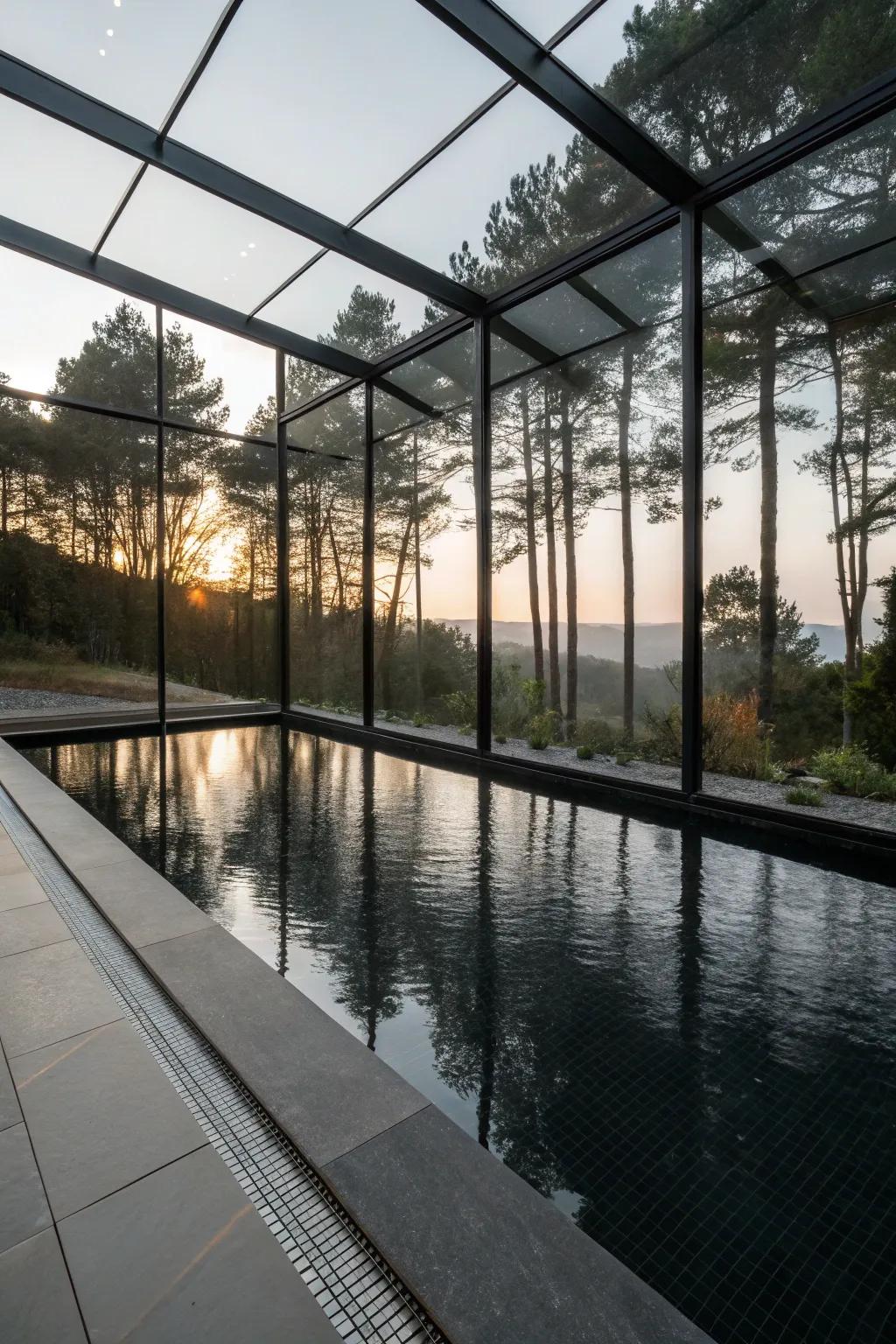 Glass walls provide a unique view of the pool's interior.
