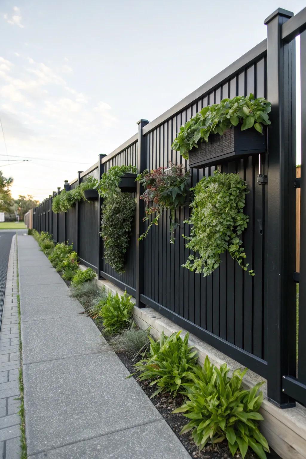 Vertical gardens enhance privacy and add greenery to the fence.