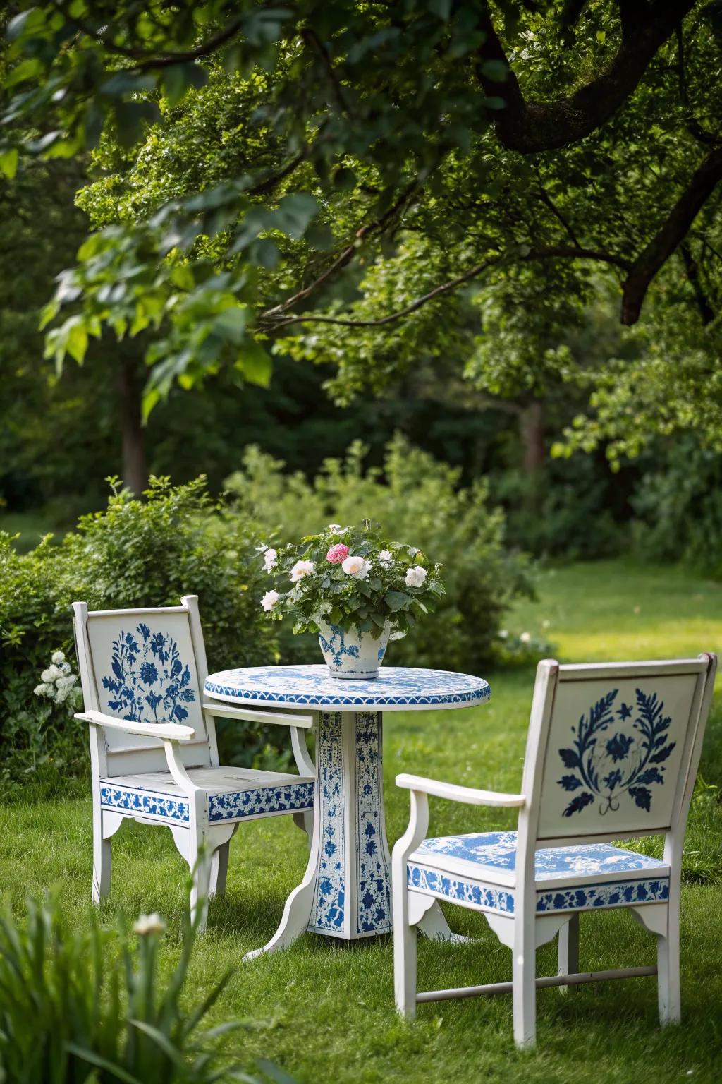 Chic garden furniture with blue and white paint