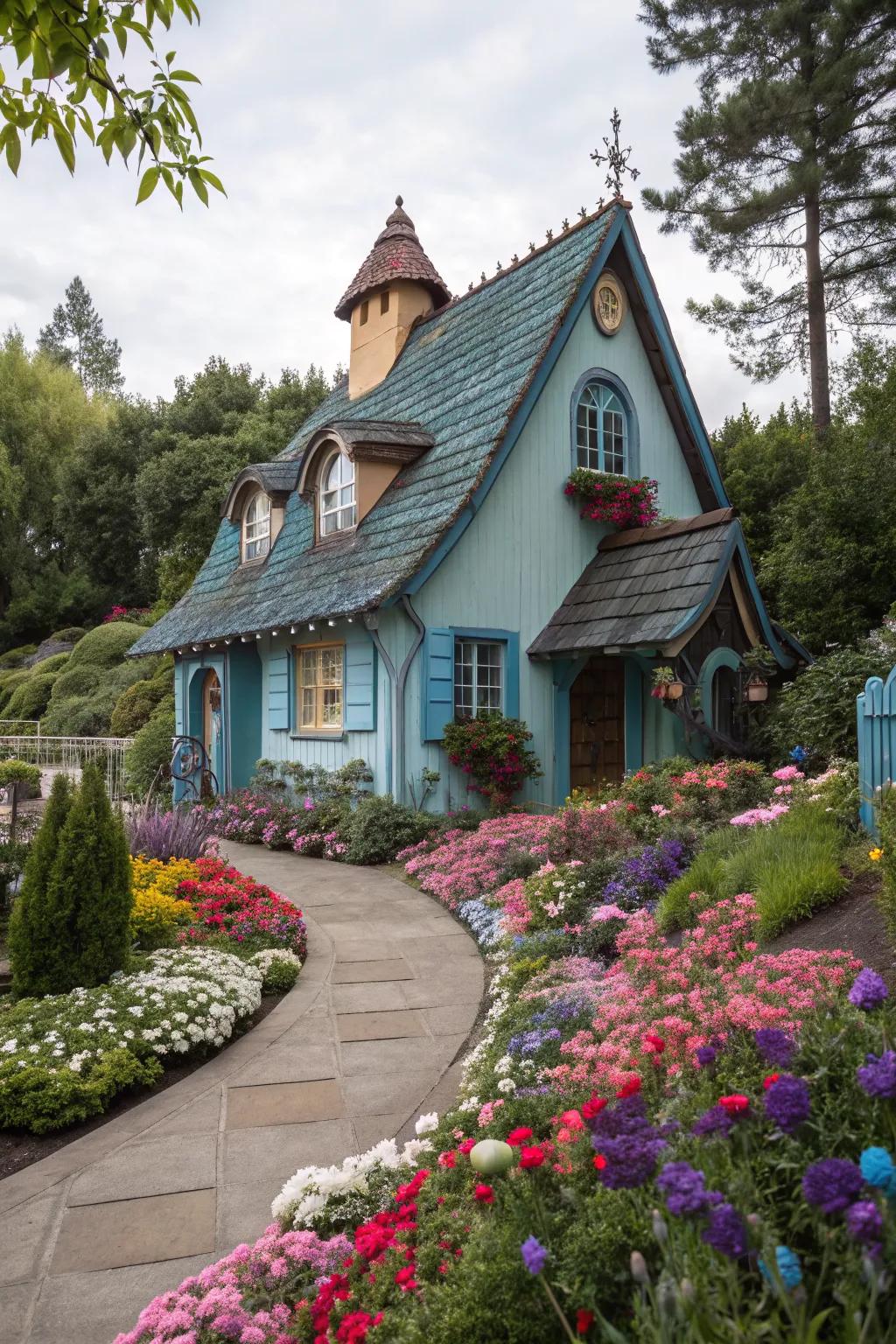 Step into a fairytale with this powder blue home and its enchanting garden.